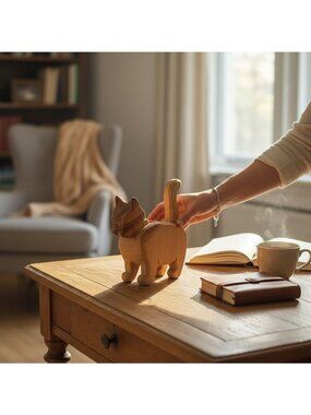 Hand-Carved Wooden Cat Figurine With Natural Grain Finish